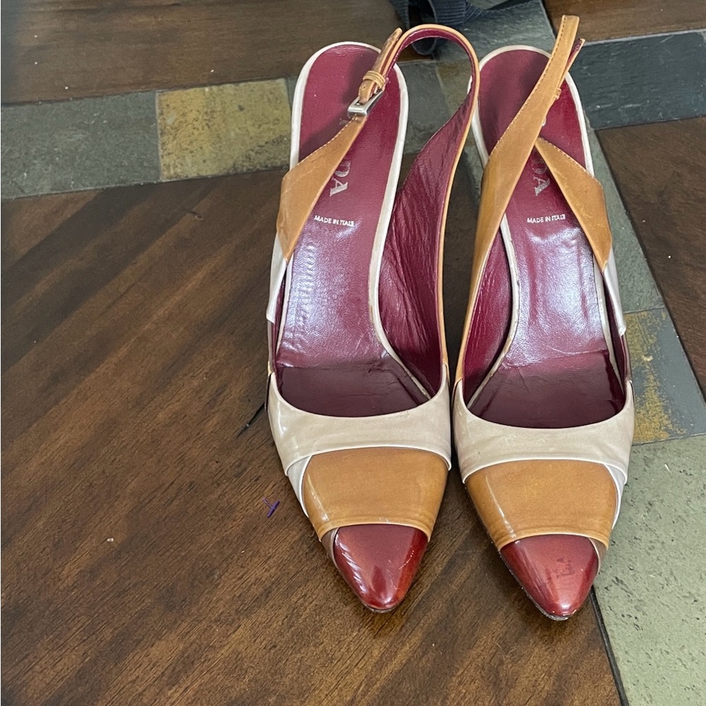 Prada Multicolor Leather Pointed-Toe Slingback Heels — Burgundy, Tan, Cream